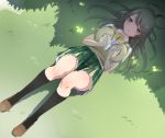  1girl absurdres battle_girl_high_school black_legwear blush book bow bowtie breasts from_above full_body grass green_eyes grey_hair highres holding holding_book knee_blush kneehighs knees_up loafers long_hair lying medium_breasts on_back open_mouth outdoors ravejaeger reading school_uniform shadow shoes short_sleeves skirt sleepy solo tokiwa_kurumi vest 