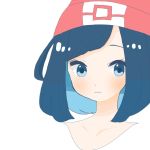  1girl bangs beanie black_hair blue_eyes blush female_protagonist_(pokemon_sm) frown hat pandamaaaan pokemon pokemon_(game) pokemon_sm profile red_hat shirt short_hair simple_background solo swept_bangs white_background 