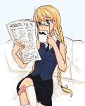  1girl blonde_hair blue_eyes braid couch glasses kneehighs legs_crossed long_hair monocle newspaper orikanekoi russian sitting skirt slavya-tan solo tee translated twin_braids white_legwear 