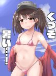  1girl absurdres bikini brown_eyes brown_hair flat_chest highres kantai_collection kuromu_(underporno) long_hair micro_bikini robe ryuujou_(kantai_collection) standing swimsuit twintails undressing visor_cap 