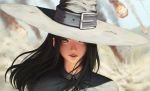  1girl black_hair close-up face freckles hat lips looking_at_viewer meteor meteor_shower original portrait solo syar_page witch_hat wizard wizard_hat yellow_eyes 