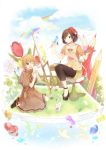  2girls animal bandaid bandaid_on_knee bangs bird blonde_hair blue_sky braid breasts brown_hair brown_skirt capelet cat chair clouds cloudy_sky collage crayon dress flower frilled_sleeves frills grass hair_ornament hair_over_shoulder hair_ribbon hairclip hat highres hiiragi_souren holding holding_animal jewelry long_hair medium_breasts multiple_girls necklace one_eye_closed open_mouth original painting painting_(object) rabbit rainbow ribbon shoes short_hair short_sleeves shorts single_braid sitting skirt sky smile sparkle thigh-highs tress-ribbon tress_ribbon wariza yellow_eyes yellow_ribbon yellow_shorts 