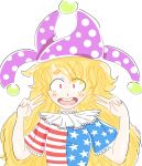  1girl american_flag_shirt blonde_hair clownpiece dotmaru female hat jester_cap long_hair neck_ruff open_mouth red_eyes solo touhou upper_body v white_background 