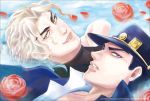  2boys blonde_hair blue_hair chikimai coat dio_brando earrings eyebrows eyelashes fangs flower hat jewelry jojo_no_kimyou_na_bouken kuujou_joutarou lavender_eyes male_focus multiple_boys partially_submerged petals rose rose_petals stud_earrings yellow_eyes 