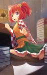  1girl apron ass bell book_stack boots brown_boots checkered_shirt hair_bell hair_ornament hakama_skirt highres indoors japanese_clothes jingle_bell looking_at_viewer looking_back miniskirt motoori_kosuzu open_mouth phonograph red_eyes redhead sash shirt short_hair sitting skirt solo touhou twilightrain two_side_up wariza wide_sleeves 