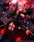  1girl :d bare_shoulders belt black_gloves black_legwear boots breasts cleavage clouds detached_sleeves gloves gyakushuu_no_fantasica headwear holding holding_weapon katagiri_hachigou long_hair looking_at_viewer nun official_art open_mouth red_eyes scythe silver_hair smile solo teeth thigh-highs very_long_hair weapon 