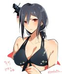  1girl alternate_costume alternate_hairstyle asakawa_(outeq) bare_shoulders black_hair black_swimsuit blush breasts cleavage collarbone floral_print front-tie_bikini front-tie_top hair_ornament hair_ribbon kantai_collection looking_at_viewer low_ponytail red_eyes ribbon short_hair simple_background solo swimsuit translated twitter_username upper_body white_background white_ribbon yamashiro_(kantai_collection) 