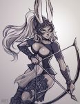  1girl animal_ears armor arrow bow_(weapon) breasts choker cleavage dark_skin final_fantasy final_fantasy_xii fran greyscale headgear iahfy long_hair monochrome navel ponytail rabbit_ears revealing_clothes see-through solo viera weapon 