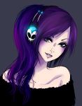  1girl bare_shoulders blue_eyes headphones off-shoulder_sweater purple_hair solo sweater zone-tan 