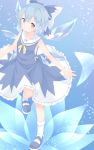  1girl blue_dress blue_eyes blue_hair blue_ribbon cirno commentary_request dress fairy_wings female gradient gradient_background hair_ribbon highres ice ice_wings mary_janes pale_color ribbon sakurea shoes short_hair sleeveless sleeveless_dress snowflakes solo touhou wings 