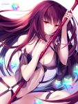  1girl artist_name bikini breasts cleavage fate/grand_order fate_(series) gae_bolg kousaki_rui large_breasts long_hair looking_at_viewer navel parted_lips polearm purple_hair red_eyes scathach_(fate/grand_order) solo spear swimsuit weapon 