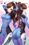  1girl ahoge arms_up artist_name ass blush bodysuit breasts brown_eyes brown_hair bubblegum character_name closed_mouth cowboy_shot d.va_(overwatch) facepaint facial_mark from_behind glowing hair_tie headphones highres legs_together long_hair looking_back medium_breasts mouth_hold overwatch profile signature skin_tight snow_is_ standing whisker_markings 