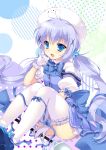  1boy 1girl animal animal_on_head blue_dress blue_eyes blue_hair dress gem gloves gochuumon_wa_usagi_desu_ka? hair_ornament hairclip highres kafuu_chino long_hair low_twintails magical_girl mary_janes mikeou open_mouth rabbit shoes sitting thigh-highs tippy_(gochuumon_wa_usagi_desuka?) twintails very_long_hair wand white_legwear 