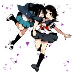  2girls black_eyes black_hair black_legwear black_nails blue_eyes blue_skirt breast_grab coppelion grabbing heterochromia hug ichikawa_meisa ikarimame kneehighs loafers miniskirt multiple_girls nail_polish pleated_skirt sandals school_uniform serafuku shoes short_hair short_sleeves side_ponytail skirt tsuburaya_mana white_background 