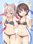  2girls :d ahoge akagashi_hagane animal_ears asymmetrical_wings bare_shoulders bikini black_bikini black_hair blush bow breasts collarbone cowboy_shot fang frilled_bikini frills full-face_blush grey_hair hand_on_own_cheek houjuu_nue jewelry looking_away midriff mouse mouse_ears mouse_tail multiple_girls nail_polish navel nazrin open_mouth pendant pointing pointy_ears red_eyes short_hair short_ponytail shy side_ponytail small_breasts smile speech_bubble swimsuit tail tiger touhou wings 