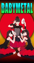  3girls absurdres babymetal bangs black_hair black_legwear blunt_bangs drill_hair fox_mask highres kikuchi_moa long_hair looking_at_viewer mask mizuno_yui multiple_girls nail_polish nakamoto_suzuka one_eye_closed red_eyes sukabu twin_drills 