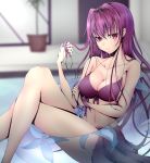  1girl bikini bikini_top blurry blush breasts cleavage depth_of_field fate/grand_order fate_(series) highres innertube large_breasts long_hair looking_away purple_hair red_eyes sarong scathach_(fate/grand_order) solo swimsuit tetsu_(excalibur920) 