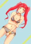  1girl arm_hold bangle bikini bleach blush bracelet breasts cleavage dokugamine_riruka holding_hand jewelry navel plaid plaid_bikini red_eyes redhead side-tie_bikini swimsuit tied_hair twintails 