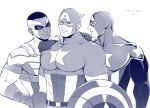  3boys abs captain_america character_request happy_birthday male_focus marvel mask monochrome multiple_boys muscle pecs smile tagme teeth white_background 