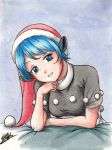  1girl animal_ears blue_eyes blue_hair commentary doremy_sweet dress grin hat isaki_tanaka looking_at_viewer nightcap short_hair short_sleeves signature smile solo tapir_ears touhou traditional_media upper_body 