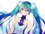 1girl 7th_dragon_2020 blue_eyes blue_hair blue_ribbon closed_mouth clothes collar collarbone detached_collar diamond diamond_(shape) dress dutch_angle exposed_shoulders eyebrows female flat_chest hair_ornament hatsune_miku long_hair looking_ahead lyiet project_diva project_diva_(series) project_diva_extend ribbon sidelocks simple_background sleeveless sleeveless_dress smile solo strapless strapless_dress triangle twintails upper_body vocaloid web_address 
