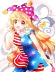  1girl american_flag_legwear american_flag_shirt blonde_hair clownpiece hat jester_cap long_hair nagare open_mouth red_eyes solo torch touhou 