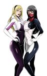  2girls :o black_hair blonde_hair bodysuit breast_press breasts brown_eyes covered_navel gwen_stacy hand_on_hip highres hood hoodie large_breasts long_hair looking_at_viewer marvel multiple_girls open_mouth shibusun silk_(marvel) simple_background spider-gwen spider-man_(series) standing symmetrical_docking thighs white_background 