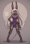  1girl animal_ears armor bare_shoulders breasts character_name dark_skin dress earrings fencer_(ffta) final_fantasy final_fantasy_tactics_advance full_body hand_on_hip high_heels iahfy jewelry long_hair low_twintails purple_dress rabbit_ears rapier see-through small_breasts solo stiletto_heels sword tattoo tribal_tattoo twintails viera weapon white_hair 