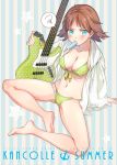  1girl bangs barefoot bass_guitar bikini bikini_bottom bikini_top blue_eyes breasts brown_hair cleavage commentary_request electric_guitar english food_in_mouth green_bikini guitar hairband headgear hiei_(kantai_collection) hood hoodie instrument kantai_collection looking_at_viewer medium_breasts navel open_clothes open_hoodie popsicle saki_(little_crown) short_hair solo spread_legs striped striped_background sweatdrop swimsuit 