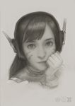  1girl absurdres bangs bracer bunny_print d.va_(overwatch) emblem eyelashes face facial_mark gloves hand_on_own_cheek headphones high_collar highres lips logo long_hair looking_at_viewer monochrome nose overwatch parted_bangs portrait realistic solo swept_bangs turtleneck whisker_markings 