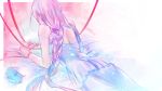  1girl braid camisole earrings female flower from_behind gradient gradient_background jewelry kesaharus lying megurine_luka on_stomach pink_hair red_ribbon ribbon single_braid skirt solo spaghetti_strap vocaloid 