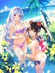  2girls :d :o absurdres ass back ball bangle bare_arms bare_legs barefoot beach beachball bikini black_hair blue_sky blush bracelet breasts brown_eyes butt_crack cleavage earrings flower front-tie_top hair_bobbles hair_flower hair_ornament hairband hibiscus highres innertube jewelry kantai_collection knees_together_feet_apart leaf leaning_forward long_hair looking_at_viewer looking_back multiple_girls navel open_mouth outdoors palm_tree purple_bikini scan shoukaku_(kantai_collection) sky smile swimsuit tousaki_umiko tree twintails very_long_hair water white_bikini white_hair white_swimsuit wristband yellow_eyes zuikaku_(kantai_collection) 