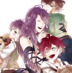  1girl 3boys age_difference bags_under_eyes belt blush brown_hair carrying child choker closed_eyes closed_mouth cordelia_(diabolik_lovers) diabolik_lovers dress elbow_gloves eyepatch family fangs gloves hug knees_up long_hair looking_at_another looking_at_viewer mayu_syulv mother_and_son multiple_boys one_eye_closed open_mouth profile purple_hair redhead sakamaki_ayato sakamaki_kanato sakamaki_laito simple_background sitting smile stuffed_animal suspenders teddy_(diabolik_lovers) teddy_bear upper_body vampire violet_eyes white_background younger 