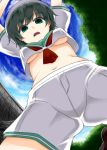  1girl breasts from_below green_eyes green_hair hat midriff murasa_minamitsu no_bra open_mouth sailor_collar sailor_hat solo touhou under_boob upshirt zetsumame 