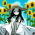  1girl black_hair blue_eyes blush coppelion dress flower hat ikarimame long_hair looking_at_viewer outdoors ozu_shion sky smile solo straw_hat sundress sunflower white_dress 