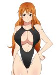  1girl black_swimsuit breasts brown_eyes collarbone competition_swimsuit curvy female highres huge_breasts kagemusha long_hair looking_at_viewer nami_(one_piece) navel one-piece_swimsuit one_piece orange_hair simple_background solo standing swimsuit tattoo thigh_gap under_boob very_long_hair white_background 