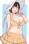  1girl bikini bikini_skirt black_hair blush breasts brown_eyes cleavage frilled_bikini frills front-tie_top hat highres large_breasts looking_at_viewer momozukuku navel open_mouth original short_hair side-tie_bikini simple_background smile solo sun_hat swimsuit 