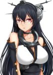  1girl bare_shoulders bespectacled black_gloves black_hair breasts chestnut_mouth chiyo_goya cleavage elbow_gloves fingerless_gloves glasses gloves headgear highres kantai_collection large_breasts long_hair looking_at_viewer nagato_(kantai_collection) parted_lips red_eyes solo upper_body 