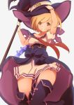  1girl artist_request blonde_hair djeeta_(granblue_fantasy) gloves granblue_fantasy grin hat long_hair re:re:re: smile solo staff thigh-highs witch_hat yellow_eyes 