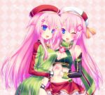  2girls ;d ahoge argyle argyle_background arm_warmers beret blue_eyes blush braid dual_persona flower flower_knight_girl haineko_(die_verschwand) hair_flower hair_ornament hairclip hanamizuki_(flower_knight_girl) hand_holding hat long_hair midriff multiple_girls nail_polish navel one_eye_closed open_mouth pink_background pink_hair red_hat red_skirt scarf skirt smile white_hat 