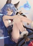  1girl animal_ears bare_shoulders beltskirt blue_hair blue_skirt breasts brown_gloves cape cat_ears colored_eyelashes dutch_angle earrings erun_(granblue_fantasy) ferry_(granblue_fantasy) from_below gloves granblue_fantasy hand_on_own_knee highres hoop_earrings jewelry long_hair looking_at_viewer medium_breasts parted_lips pink_background riffey sideboob simple_background single_earring sitting skirt small_breasts solo thighs very_long_hair wavy_hair yellow_eyes 
