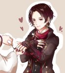  1boy androgynous beauty_mark black_hair coat hand_on_own_chest heart japanese_clothes kashuu_kiyomitsu looking_at_another mayu_syulv mole mole_under_mouth nail_polish painting personification red_eyes red_nails saniwa_(touken_ranbu) scarf simple_background smile solo_focus touken_ranbu traditional_clothes upper_body 
