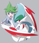  1boy artist_request gallade gray_background jacket looking_at_viewer mega_gallade mitsuru_(pokemon) open_clothes open_jacket pokemon pokemon_(game) tagme 