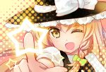  1girl blonde_hair bow braid hair_bow hat hat_bow kirisame_marisa nagare one_eye_closed open_mouth side_braid solo star touhou witch_hat yellow_eyes 