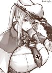  1girl 2016 breasts dated female gloves graf_zeppelin_(kantai_collection) hat iron_cross kantai_collection large_breasts looking_at_viewer monochrome otogi_(s_in_w) ponytail solo white_background white_hat 