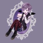  1boy ankle_boots bags_under_eyes bat_wings boots cake cherry_dot collared_shirt diabolik_lovers food hood hoodie licking male_focus pantyhose purple_hair sakamaki_kanato short_shorts shorts simple_background solo strawberry sweets tongue tongue_out violet_eyes wings 