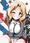  ;d american_flag_bra between_breasts between_legs blonde_hair blue_eyes blush girls_und_panzer hand_between_legs highres kay_(girls_und_panzer) necktie necktie_between_breasts nekota_susumu one_eye_closed open_mouth see-through shirt skirt smile statue_of_liberty striped thigh-highs thighs wet wet_clothes wet_shirt white_legwear 