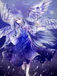  1girl angel_wings barefoot blue_eyes blue_hair character_name dress highres long_hair multiple_wings sariel seraph staff tanzhujiuyue touhou touhou_(pc-98) very_long_hair wide_sleeves wings 