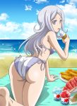  1girl aila_jyrkiainen all_fours ass beach bikini corn food fruit grey_eyes gundam gundam_build_fighters hanzou highres ice_cream shaved_ice silver_hair swimsuit watermelon 