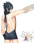  2boys areolae ass backless_outfit bare_back blonde_hair blood blue_hair camera cowboy_shot dress final_fantasy final_fantasy_xv male_focus meme_attire multiple_boys naked_sweater nipples noctis_lucis_caelum nosebleed open-back_dress parted_lips pectorals prompto_argentum simple_background spiky_hair sweater sweater_dress toned toned_male turtleneck turtleneck_sweater virgin_killer_sweater white_background zhineart 